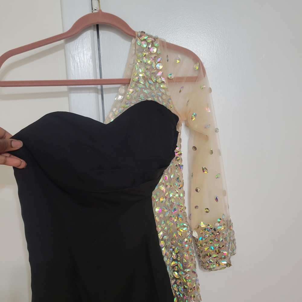 Stunning Black Dress with Gold Sequin Sleeve